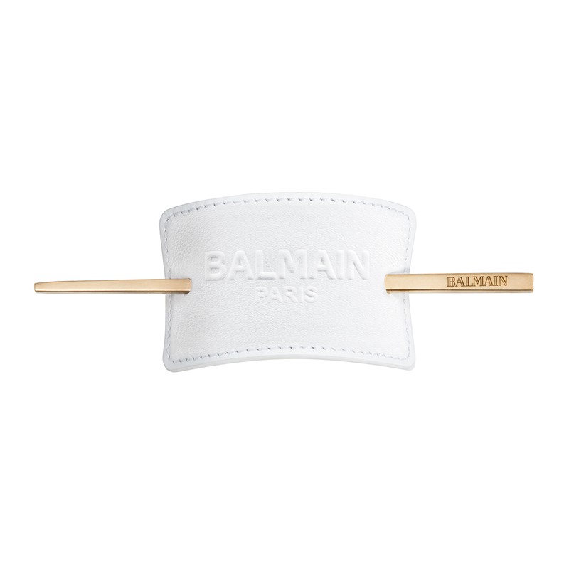 BALMAIN HAIR hiuslisäkkeen pidike valkoista nappanahkaa, B-logo / Hair Barrette White Leather pressed B-logo Vintage