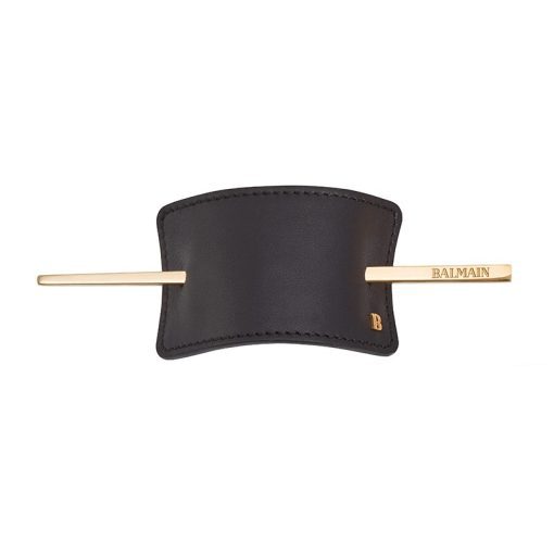 BALMAIN HAIR  Nahkainen musta nappanahkainen hiuspinni, jossa 14k karaatin kullattu Balmain-logohiuspinni / Hair Barrette Black