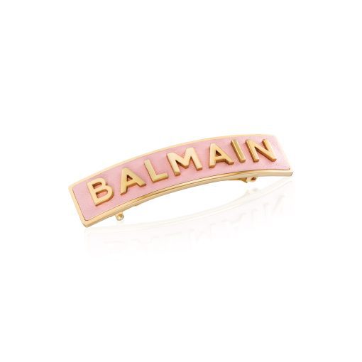BALMAIN HAIR (18k karaatin kultaa, aitoa nappanahkaa) Ylellinen pastellinpinkki hiuspinni / Barrette Golden BALMAIN Logo Pink, L