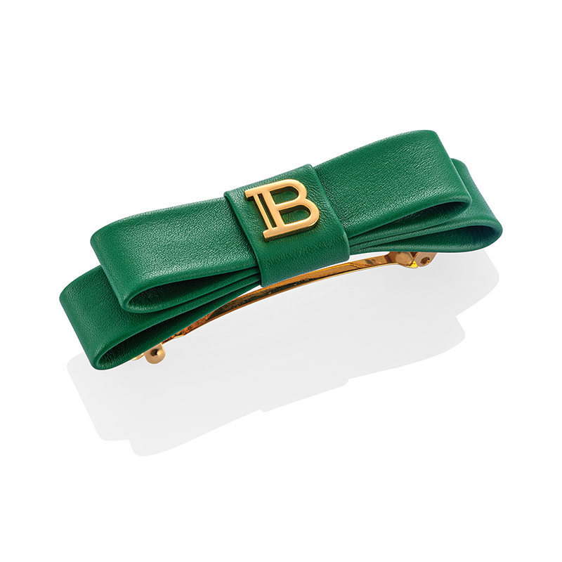BALMAIN HAIR Smaragdinvihreä nahkainen hiuspinni, jossa 18k karaatin kullattu logo / Barrette Bow Gold & Green