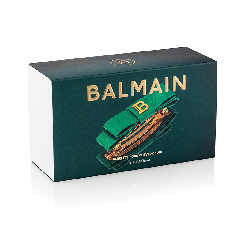 BALMAIN HAIR Smaragdinvihreä nahkainen hiuspinni, jossa 18k karaatin kullattu logo / Barrette Bow Gold & Green - Image 3