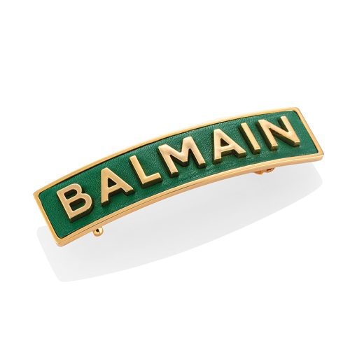 BALMAIN HAIR Smaragdinvihreää eleganssia 18 karaatin kullatulla logolla / Barrette Golden BALMAIN Logo, Green, L
