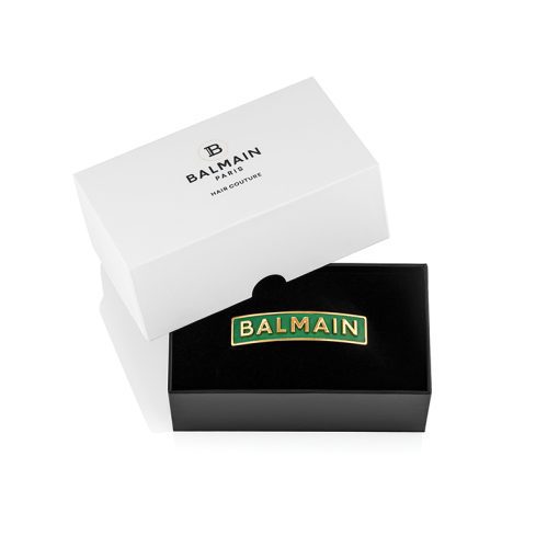 BALMAIN HAIR Smaragdinvihreää eleganssia 18 karaatin kullatulla logolla / Barrette Golden BALMAIN Logo, Green, L - Image 2