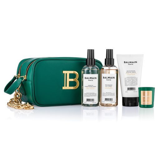 BALMAIN HAIR ylellinen vihreä vegaaninen nahkainen kosmetiikkalaukku / Luxury Vegan Pouch Green & Gold