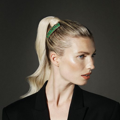 BALMAIN HAIR Smaragdinvihreää eleganssia 18 karaatin kullatulla logolla / Barrette Golden BALMAIN Logo, Green, L - Image 5