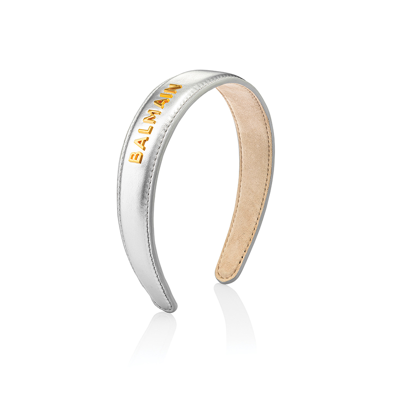 BALMAIN HAIR Ylellinen pääpanta aidosta nappanahkasta ja 18k karaatin kullatulla logolla / Leather Headband Silver, L
