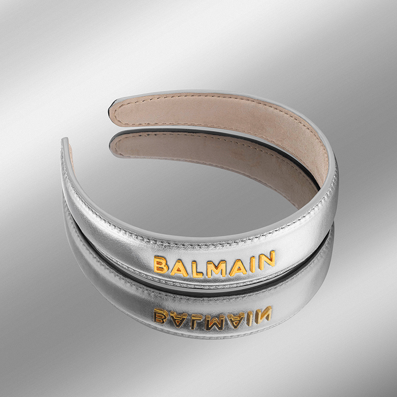 BALMAIN HAIR Ylellinen pääpanta aidosta nappanahkasta ja 18k karaatin kullatulla logolla / Leather Headband Silver, L - Image 2