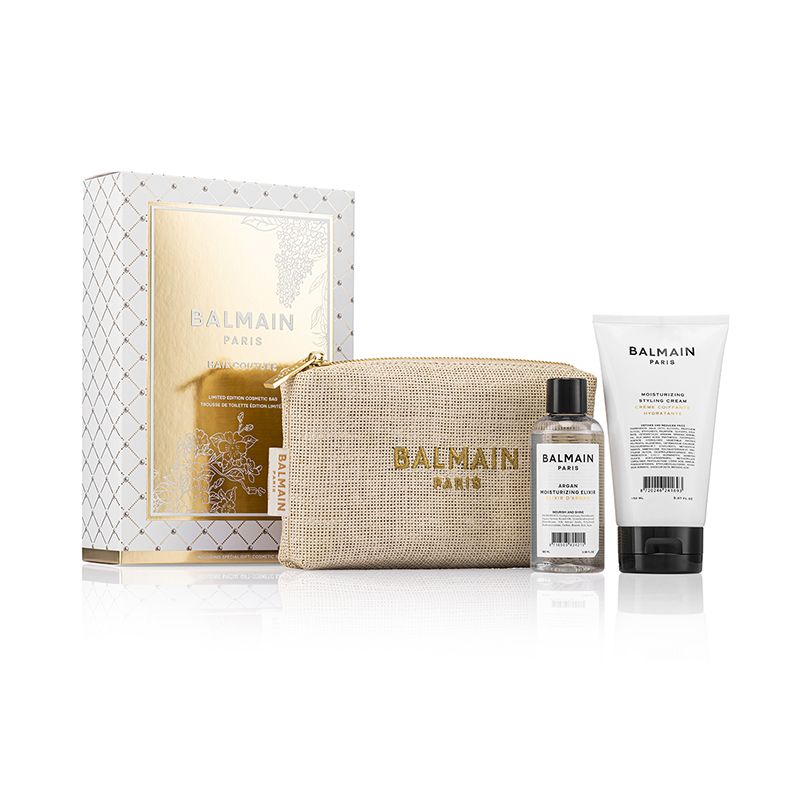 BALMAIN HAIR Raffia-materiaalista valmistettu kosmetiikkalaukku + 2 hoitotuotetta / Raffia Cosmetic Bag with Moisturizing Styling Cream & Argan Elixir